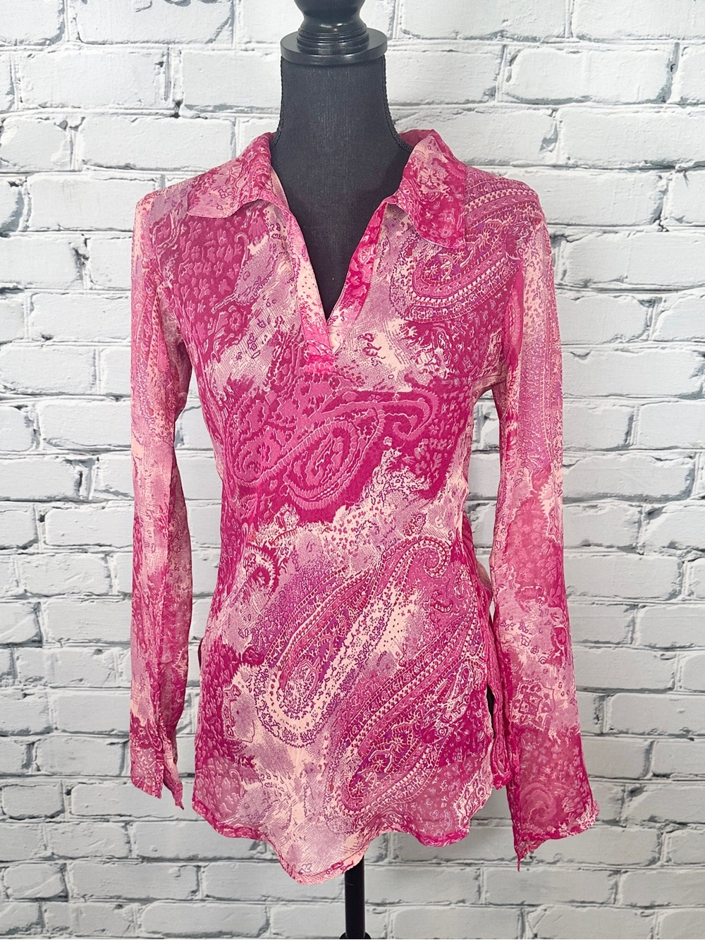 Vintage Y2K Love Potion Sheer Paisley Top Blouse Large Pink Bell Sleeve Boho
